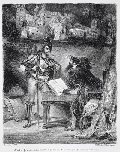 Primeiro Encontro entre Fausto e Mefistófeles: `Por que todo esse ruído &39;, do Fausto de Goethe, 1828, (ilustração) (foto bw de litografia) de Ferdinand Victor Eugene Delacroix