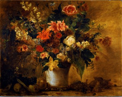 Flores e frutos Bouquet de flores em vaso de gres. Pintura de Eugene Delacroix (1798-1863) 1843 aproximadamente. Sol. 74x93 cm Vienna Kunsthistorisches Museum, Neue Gallery de Ferdinand Victor Eugene Delacroix