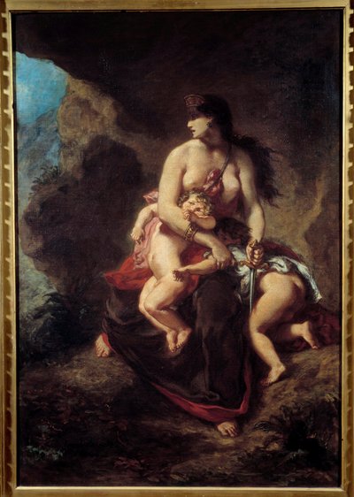 Medee Medee furiosa assassina os seus dois filhos numa caverna. Pintura de Eugene Delacroix (1798-1863) de Ferdinand Victor Eugene Delacroix