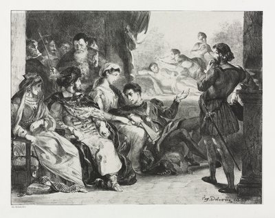 Hamlet: Hamlet ordena que os atores façam uma cena do envenenamento de seu pai, 1834. de Ferdinand Victor Eugene Delacroix