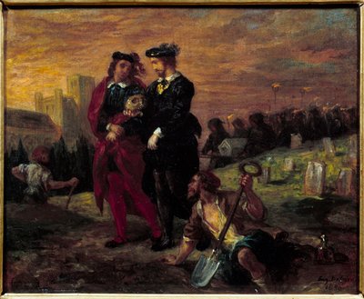 Hamlet e Horatio no cemitério. Acto V da peça "Hamlet" de William Shakespeare. Pintura de Eugene Delacroix (1798-1863) Ec. Pe. de Ferdinand Victor Eugene Delacroix