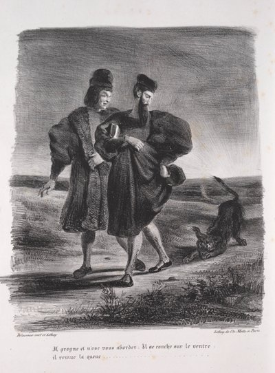 Ilustrações para Faust: Faust, Méphistophélé and the barbet, 1828. de Ferdinand Victor Eugene Delacroix