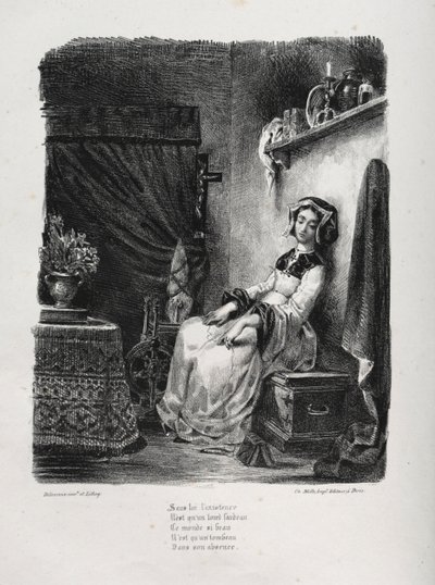 Ilustrações para Faust: Marguerite com a roda, 1828. de Ferdinand Victor Eugene Delacroix