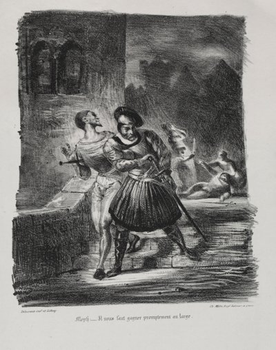 Ilustrações para Faust: Méphistophélés e Faust fogem após o duelo, 1828. de Ferdinand Victor Eugene Delacroix