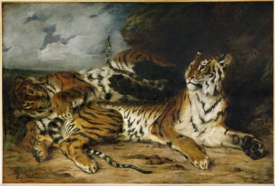 Jovem tigre a brincar com a sua mãe ... de Ferdinand Victor Eugene Delacroix