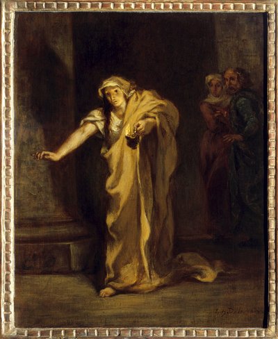 Lady Macbeth sonâmbula Ilustração da obra homônima de William Shakespeare (1564-1616). Pintura de Eugene Delacroix (1798-1863) 1850 Sol. 0,40 x 0,32 m Fredericton. Galeria de Arte Beaverbrook de Ferdinand Victor Eugene Delacroix