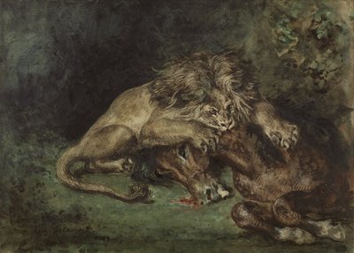 Leão dévorant un cheval (Leão Devorando um Cavalo), c. 1844 (aquarela, bodycolor e goma arábica com grafite sobre papel, montada a bordo) de Ferdinand Victor Eugene Delacroix