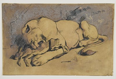 Leoa devorando um coelho (caneta e tinta com lavagem avermelhada em papel pardo) de Ferdinand Victor Eugene Delacroix
