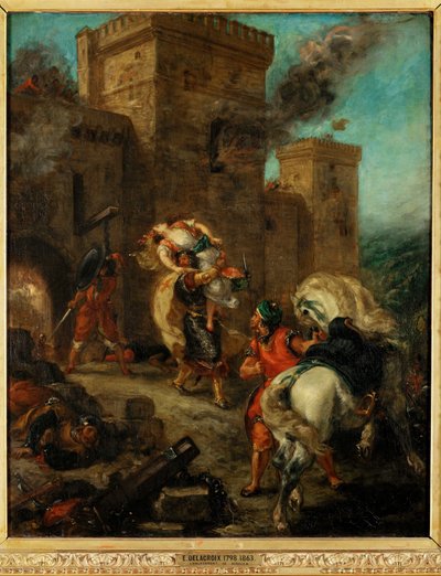 Rebeca raptada por um cavaleiro templário durante o saque do castelo de Frondeboeuf - Rebeca violada por um cavaleiro templário durante ... de Ferdinand Victor Eugene Delacroix