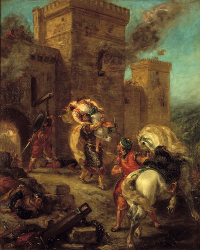Rebecca decolou pelos Templários durante a mala do castelo de Frondeboeuf. Do livro de Scott Walter "Ivanhoe". Pintura de Eugene Delacroix (1798-1863) de Ferdinand Victor Eugene Delacroix