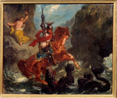 Roger delivrant Angelique (Angelica) entregue a um monstro por piratas é libertado por Roger (Ruggero, Ruggiero) cavalga numa hippogriffe - Ilustração para "O Roland Furioso" (Orlando Furioso) de Ludovic Ariosto (Arioste) - Pintura de Eugene Delacroix ( de Ferdinand Victor Eugene Delacroix