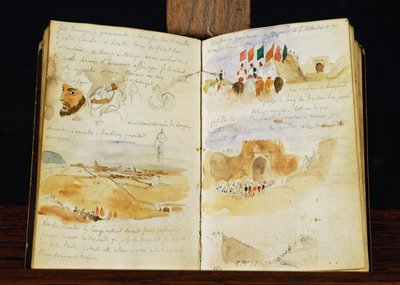 Esboços de árabes, paisagens de Marrocos, multidões árabes, Porta de Meknes e notas manuscritas ... de Ferdinand Victor Eugene Delacroix