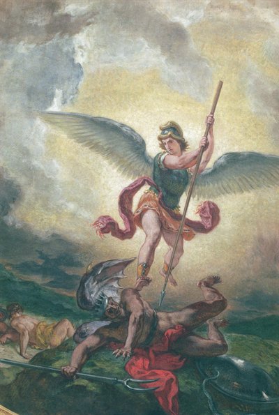 São Miguel lutando contra o dragão, detalhe, capela dos Santos-Anges 1849-1861 (óleo e cera em gesso) de Ferdinand Victor Eugene Delacroix