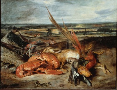 Natureza morta com lagosta e troféus de caça e pesca - óleo sobre tela de Ferdinand Victor Eugene Delacroix