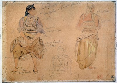 Estudos de Mulheres Árabes Desenhando uma mina de chumbo com aquarela por Eugene Delacroix (1798-1863) 1832 Paris, Museu do Louvre de Ferdinand Victor Eugene Delacroix