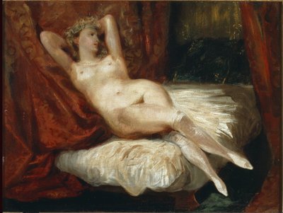Estudo de mulher nua deitada num sofá disse a mulher com meias brancas - óleo sobre tela de Ferdinand Victor Eugene Delacroix