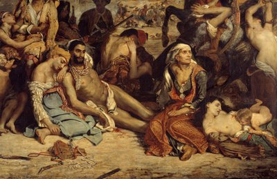 Os massacres de Scio. Cena que retrata a guerra de independência grega contra os otomanos: Civis gregos à espera da morte ou da escravatura. Detalhe. Pintura de Eugene Delacroix (1798-1863) de Ferdinand Victor Eugene Delacroix