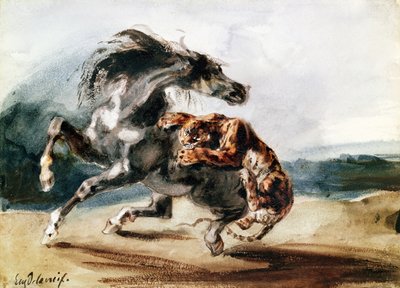 Tiger Attacking a Wild Horse (caneta e tinta e aguarela sobre papel) de Ferdinand Victor Eugene Delacroix