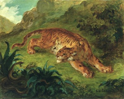Tigre e Cobra, 1858 (óleo sobre papel montado no painel) de Ferdinand Victor Eugene Delacroix