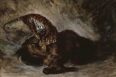 Tigre atacando um cavalo (wc no papel) de Ferdinand Victor Eugene Delacroix