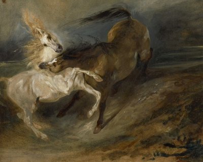 Dois cavalos lutando em uma paisagem tempestuosa, c.1828 de Ferdinand Victor Eugene Delacroix