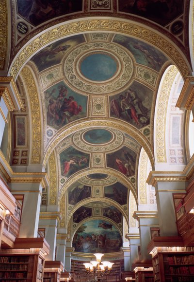 Vista do teto da biblioteca de caixotão com estrutura de estuque dourado em torno de caspa ilustrando cenas bíblicas e clássicas, 1844 de Ferdinand Victor Eugene Delacroix