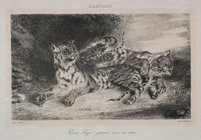 Jovem tigre brincando com sua mãe, 1831. de Ferdinand Victor Eugene Delacroix