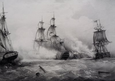 Luta entre veleiros britânicos e americanos de terceira categoria com 74 armas, litografia de Ferdinand Perrot de Ferdinand Victor Perrot