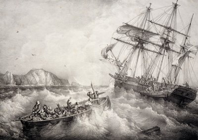 Resgate da tripulação do barco de pesca bretão pelo navio sueco Le Neptune, Litografia de Ferdinand Perrot de Ferdinand Victor Perrot