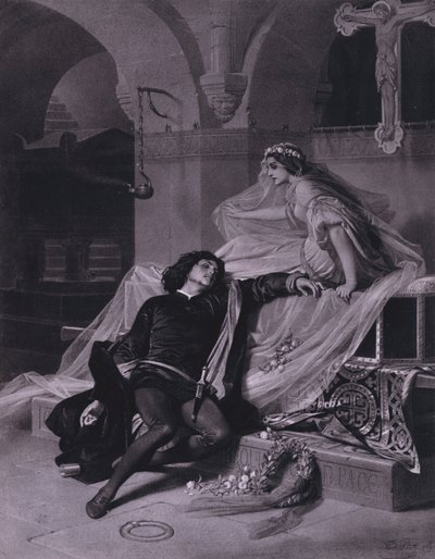 Cena de Romeu e Julieta de Shakespeare (Acto V, Cena 3) (litho) de Ferdinand the Elder Piloty
