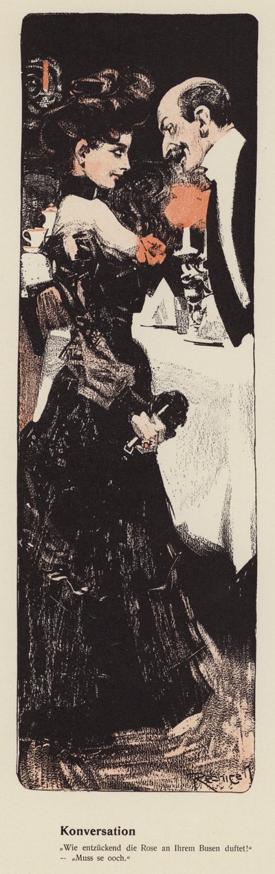 Homem a conversar com uma jovem mulher (cor litho) de Ferdinand von Reznicek