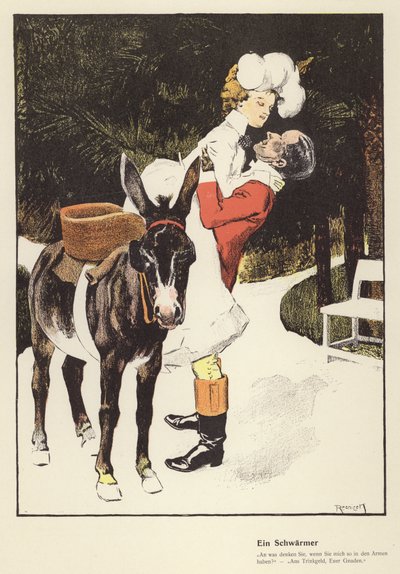 Homem a ajudar uma mulher a desmontar de um burro (cor litho) de Ferdinand von Reznicek