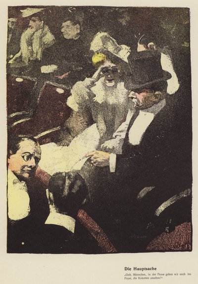 Mulher olhando através de um par de óculos de ópera no teatro (lito colorido) de Ferdinand von Reznicek