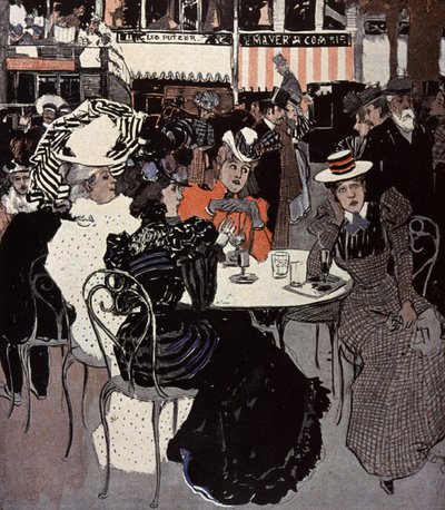 Mulher falando em uma mesa do lado de fora de um café. Ilustração de Von Reznicek a entrar: Simplicissimus, Alemanha de Ferdinand von Reznicek