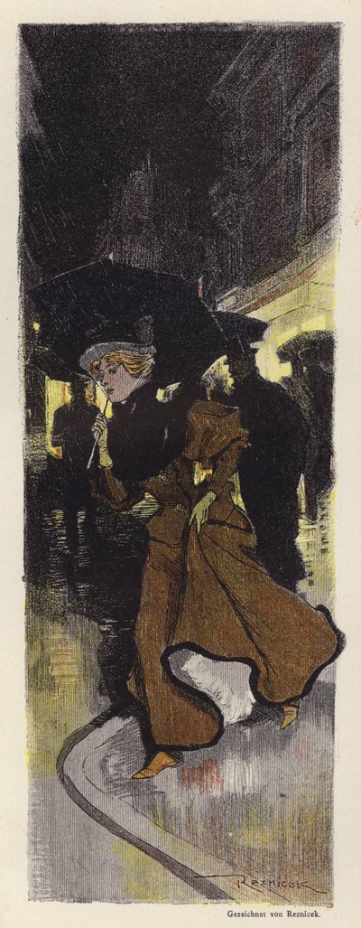 Mulher caminhando em uma rua chuvosa à noite (cor litho) de Ferdinand von Reznicek