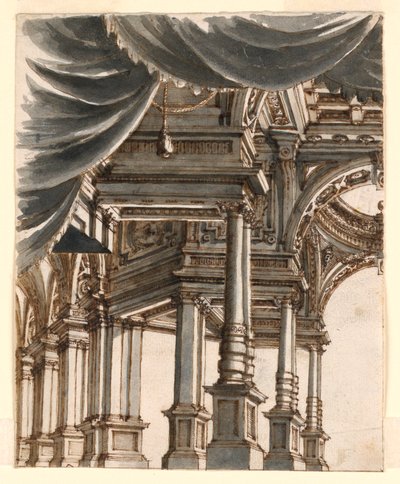 Cenário: Átrio do Palácio Apoiado por Colunas e Pilares de Ferdinando Galli Bibiena