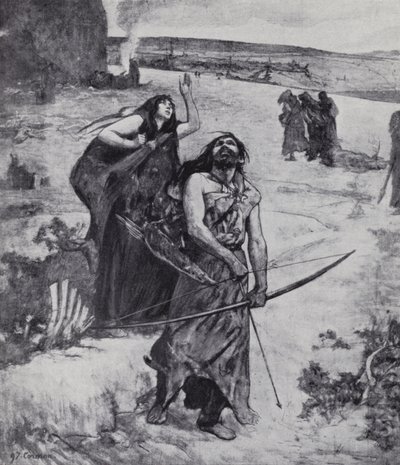 Homem da Idade do Gelo aprendendo a caçar com arco e flecha (litho) de Fernand (after) Cormon