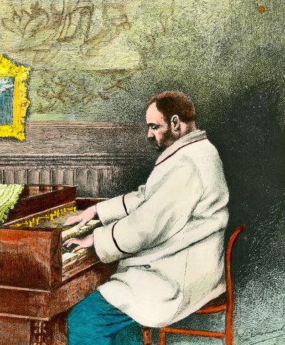 Retrato de Emile Zola (1840-1902) tocando órgão. Gravura de Desmoulin (século XIX). Coll. Sai. de Fernand Desmoulin