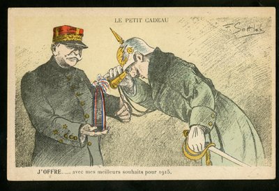 Postal, Satirical in Colors, ca. 1914_12: Um pequeno presente que ofereço com os meus melhores votos para 1915 - Guerra de 14-18, Canhões, conchas - William II, Joffre Illustration de Gottlob (1873-1935) de Fernand Louis Gottlob