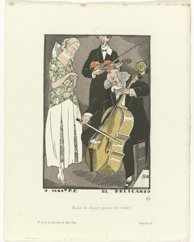 Gazette du Bon Ton, 1920 - Nº 9, Pl. 66: O Maitre el Relicario / Vestido de jantar debruado com fita (título no objeto) de Fernand Siméon