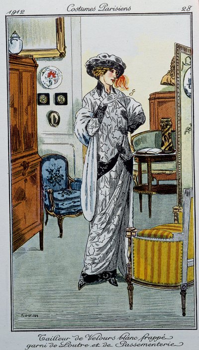 Trajes parisienses: alfaiate de veludo branco listrado com lontra e enfeites Dessine by Fernand Simeon de Fernand Siméon