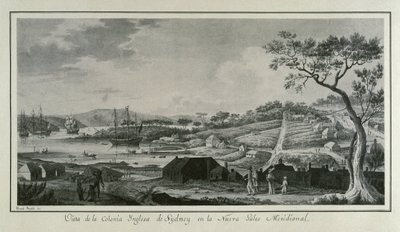 MALASPINA, Alejandro (1754-1809). Navegador e explorador italo-espanhol; BRAMBILA, Fernando (1763-1834). Pintor. Austrália (séc. XVIII). Colónia inglesa de Nova Gales do Sul. Desenho de Fernando Brambila ilustrando a expedição científica de Alejandro Mal de Fernando Brambila