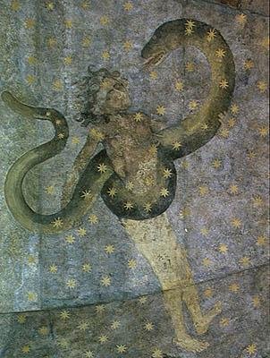 Um homem e uma serpente, detalhe do Cielo de Salamanca, c.1480-90 de Fernando Gallego