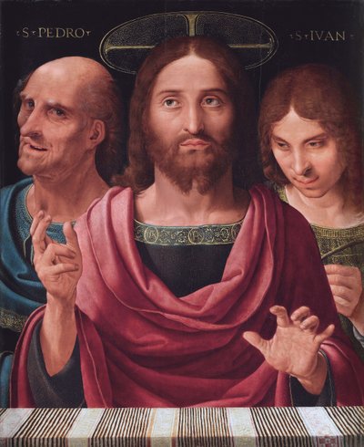 Salvator Mundi entre os Santos Pedro e João, c.1507 (óleo sobre madeira) de Fernando Yanez de Almedina