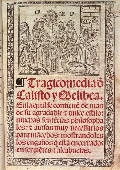 Miniatura em pergaminho na capa da Celestina ou Tragicomedia de Calisto y Melibea, manuscrito espanhol de Fernando de Rojas (1465-1541), publicado em 1531 de Fernando de Rojas