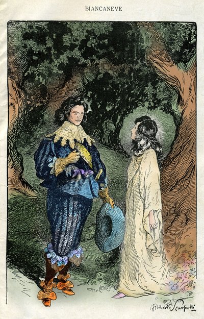 Ilustração de Filiberto Scarpelli (1870-1933) para a fábula "" Biancaneve "" (Branca de Neve) de uma coleção de fábulas dos Irmãos Grimm "" Branca de Neve e Outros Contos "" aproximadamente 1920. de Filiberto Scarpelli