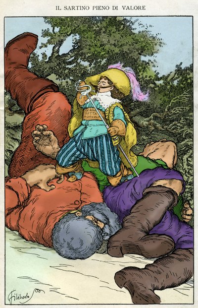 "Preparons la comedie dit - il" . Ilustração de Filiberto Scarpelli para o conto "A valente costureira" da coleção de fábulas dos irmãos Jacob e Wilhelm Grimm "Branca de Neve e outros contos". de Filiberto Scarpelli