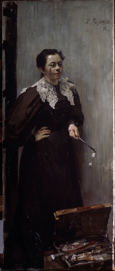 Retrato da Artista Anna Ostroumova Lebedeva (Ostroumova-Lebedeva) (1871-1955). Representado de pé atrás do seu equipamento de pintura, com binóculos no nariz e outro par na mão. Pintura por Filipp E de Filipp Andreevich Maliavin