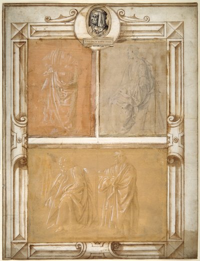 Estudos de figuras drapeadas (ponto prateado realçado com a cor branca do corpo em papel preparado) de Filippino (follower of) Lippi