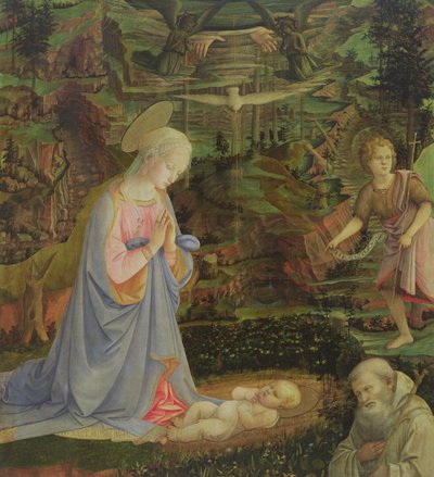 Adoração da Criança com a criança São João e São Romualdo (têmpera no painel) de Filippino Lippi